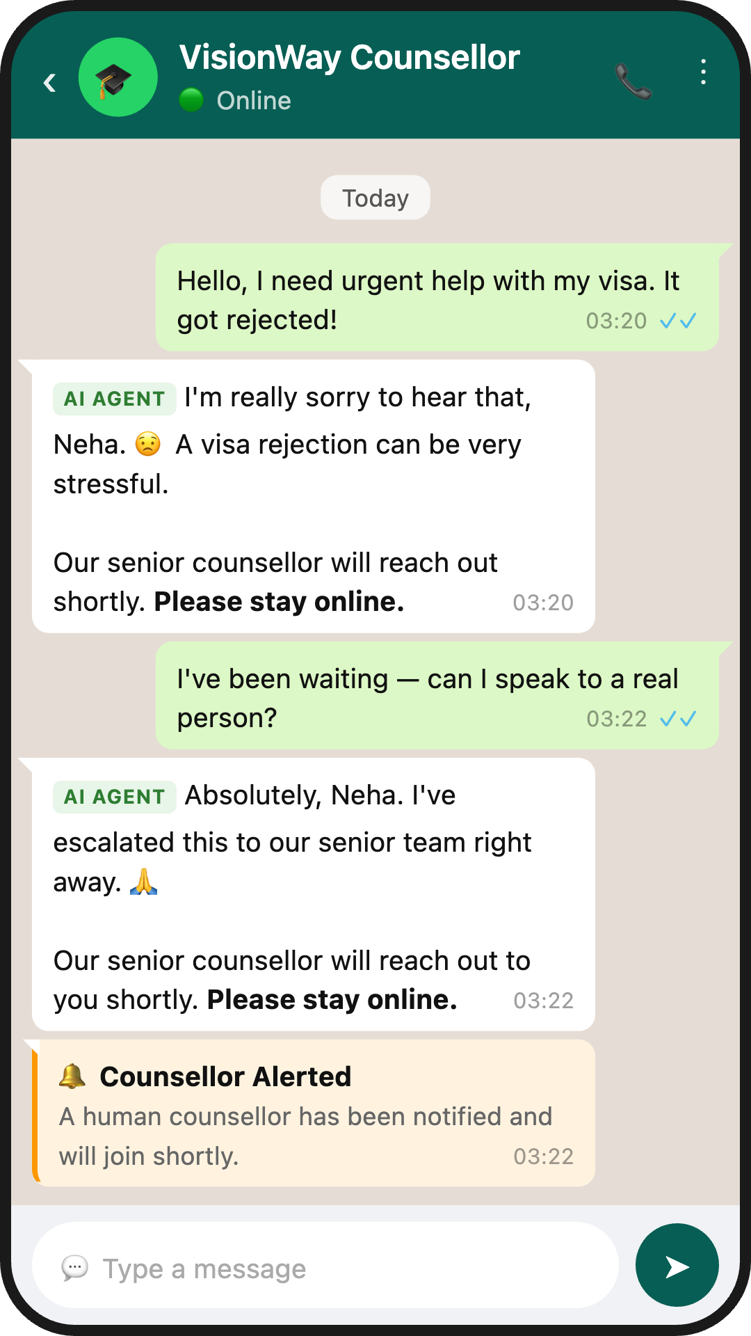 Human handover - AI escalates sensitive cases to senior counsellors